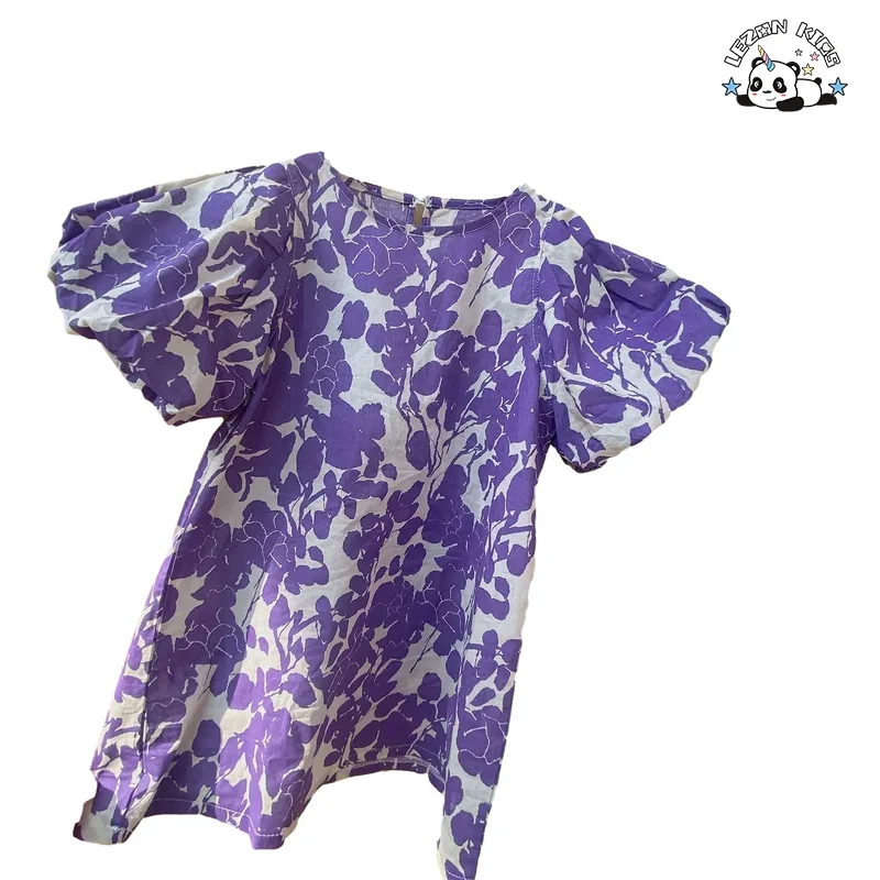 LEZONKIDS - 2021 spring and summer children's clothing girls dress purple flower skirt puff sleeve temperament children's skirt